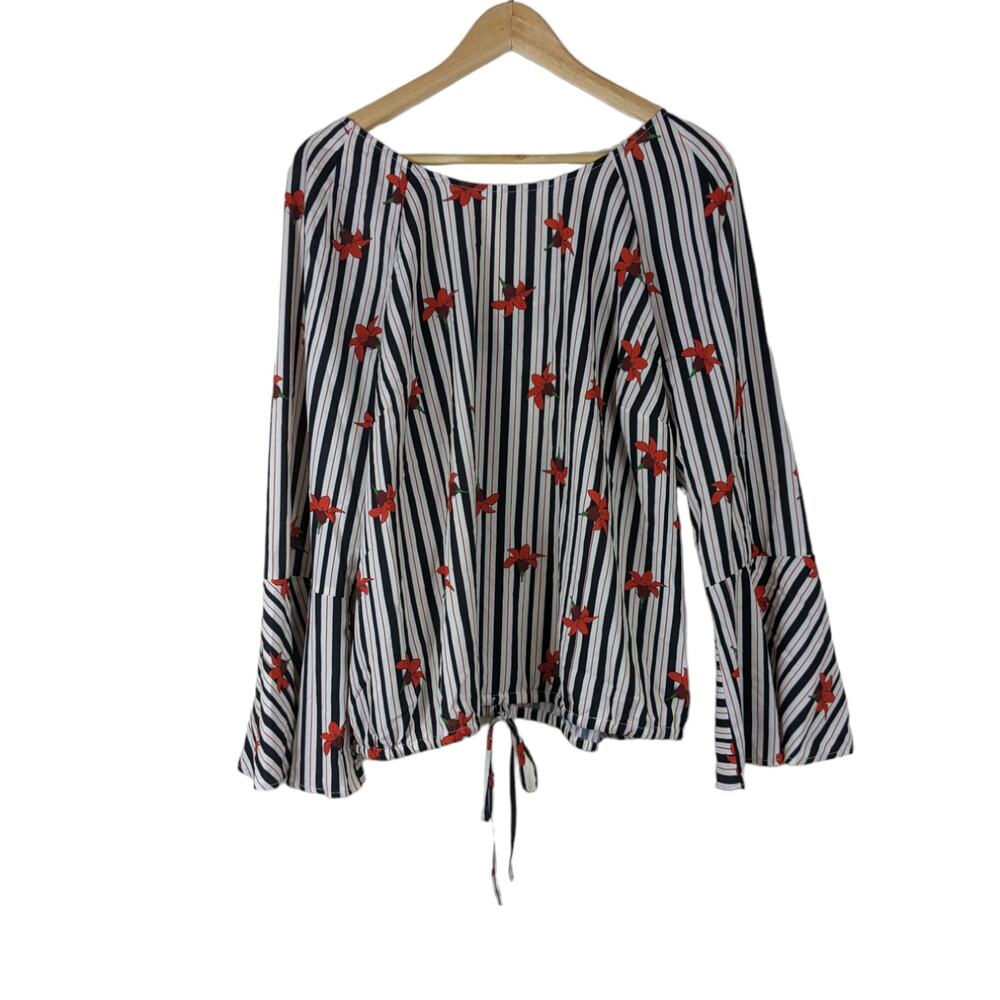 Eloquii Top 18 Plus Size Black White Striped Floral Raglan Bell Sleeves Shirt